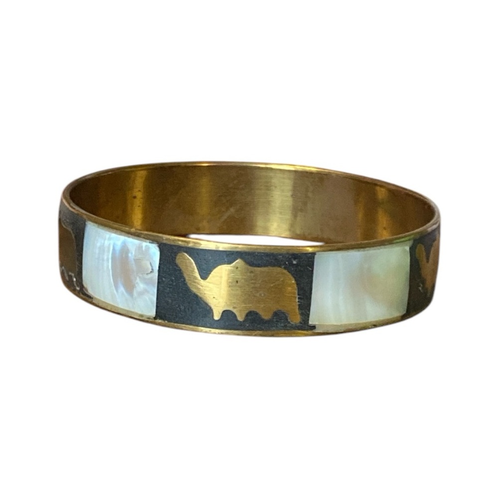 Vintage Brass Elephant Bangle With Onyx & Mother Of Pearl Inlay